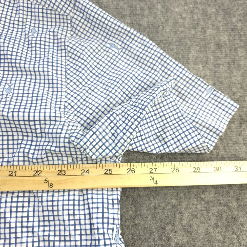 Columbia Pfg Shirt XL Shark Print Blue Check Vented Short Sleeve Fishing Button - Picture 4 of 8